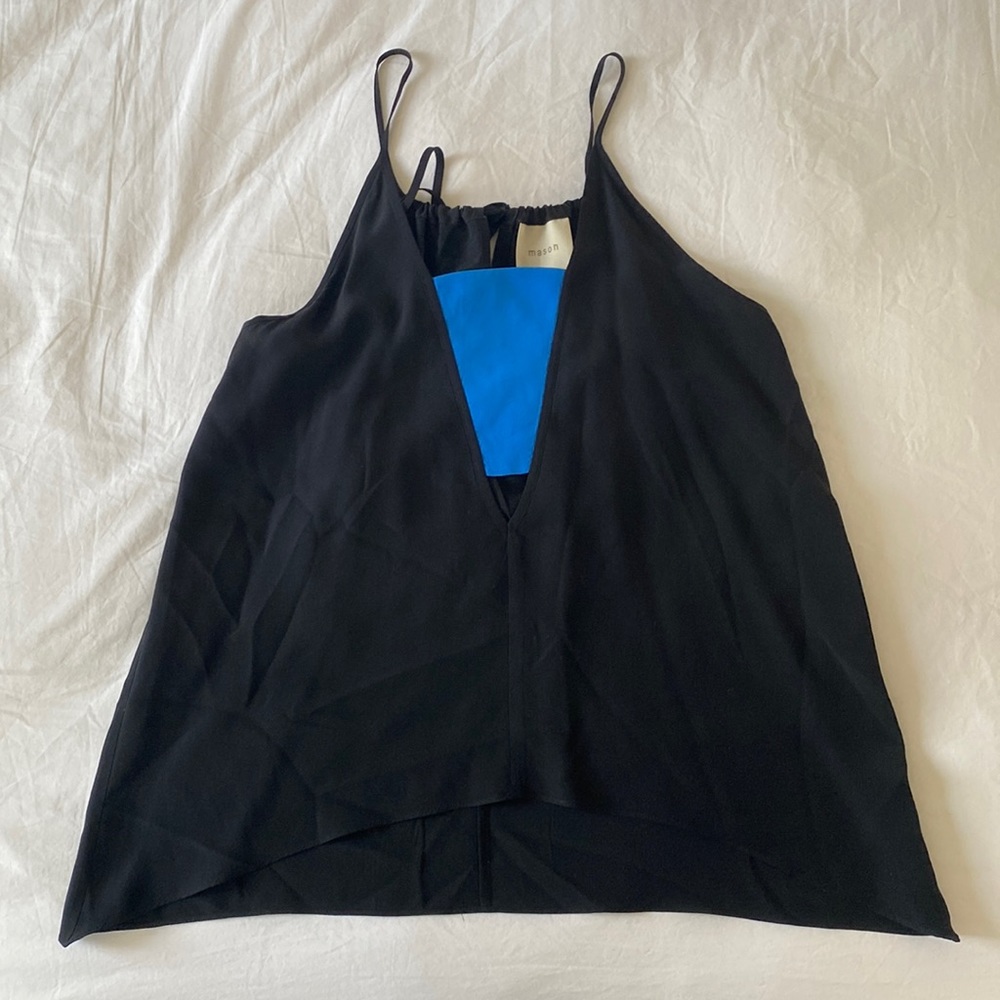 Mason Silk Black Blue Color Block Cut Out Adjustable Tank Top Blouse Sz 0